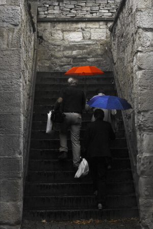 colourful red and blue umbrellas.